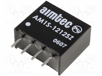 AM1S-1212SZ, SIP4, DC/DC, 1Вт, вх.10.8…13.2В, вых.12В/0.1А, изол.1000В DC, КПД 80%, 11.68x6x9.7мм